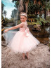 Pink Lace Tulle Beaded V Back Flower Girl Dress